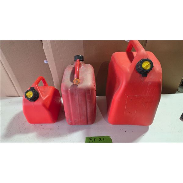 Three Gas Cans, 5L, 10L, 25L.
