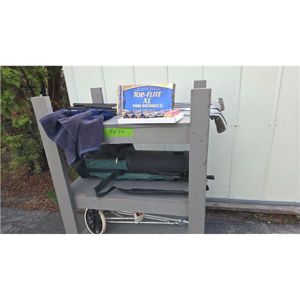 3 Tier Shelf on Wheels, 48" x 36" x 24", 12 Pce RH Golf Set, Bag/Cart, 18 New Top Flight Balls.