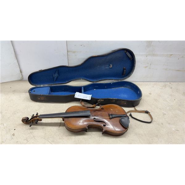 Antique Violin with Blue-Lined Hard Case, Missing Strings, Latch Broken on Case