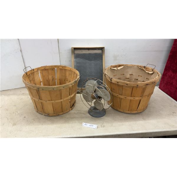 Vintage Electric Fan, Two Wooden Bushel Baskets, and Washboard