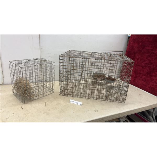 Two Wire Animal Cages with Feeding Bowls: 15 x 15 x 24" & 12 x 8 x 12"