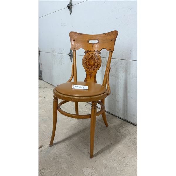 Antique Bentwood Ice Cream Parlor Chair with Pyrography Decorated Backrest & Leather Seat