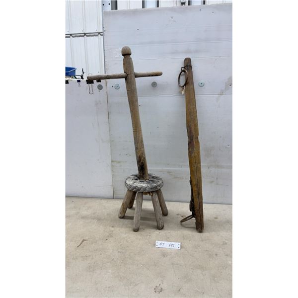 Primitive Wooden Milking Stool with Pail Holder and Wooden Ox Yoke