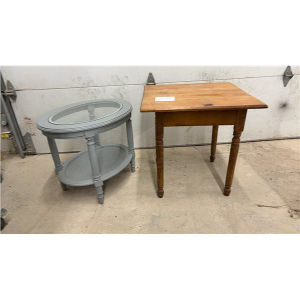 Rustic Wood Square-Top Table with Turned Legs 26 x 25 x 25" and Grey Oval Glass-Top Accent Table