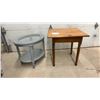 Image 1 : Rustic Wood Square-Top Table with Turned Legs 26 x 25 x 25" and Grey Oval Glass-Top Accent Table