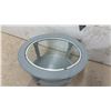 Image 6 : Rustic Wood Square-Top Table with Turned Legs 26 x 25 x 25" and Grey Oval Glass-Top Accent Table