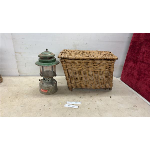 Vintage Coleman 220 Series Pressure Lantern (Missing Parts) and Wicker Fishing Creel