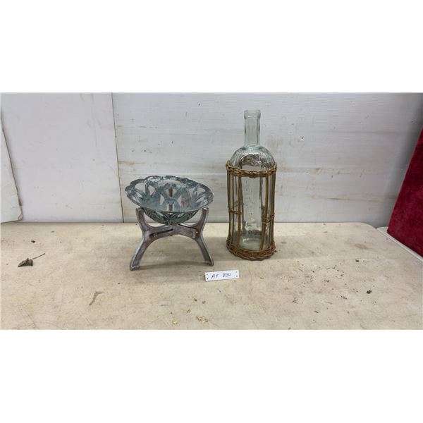 Cast Iron Tripod Stand with Verdigris Openwork Bowl and Wicker-Cased Glass Bottle