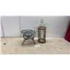 Image 1 : Cast Iron Tripod Stand with Verdigris Openwork Bowl and Wicker-Cased Glass Bottle