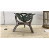 Image 2 : Cast Iron Tripod Stand with Verdigris Openwork Bowl and Wicker-Cased Glass Bottle