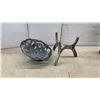Image 3 : Cast Iron Tripod Stand with Verdigris Openwork Bowl and Wicker-Cased Glass Bottle