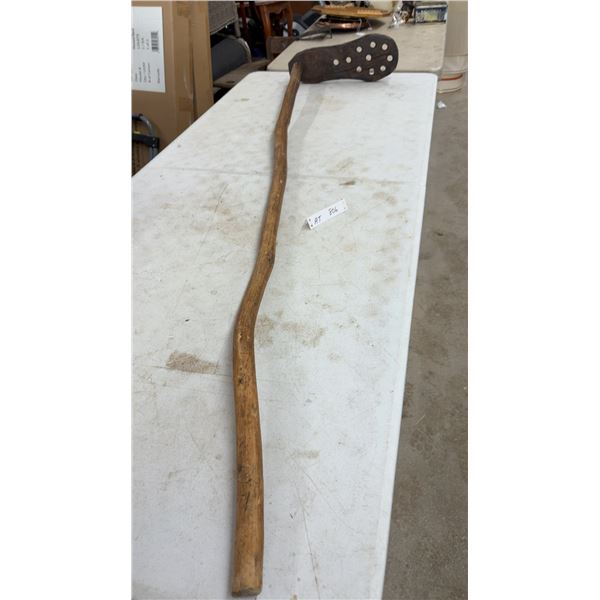 Antique Wooden Masher with Long Handle and Perforated Paddle Head