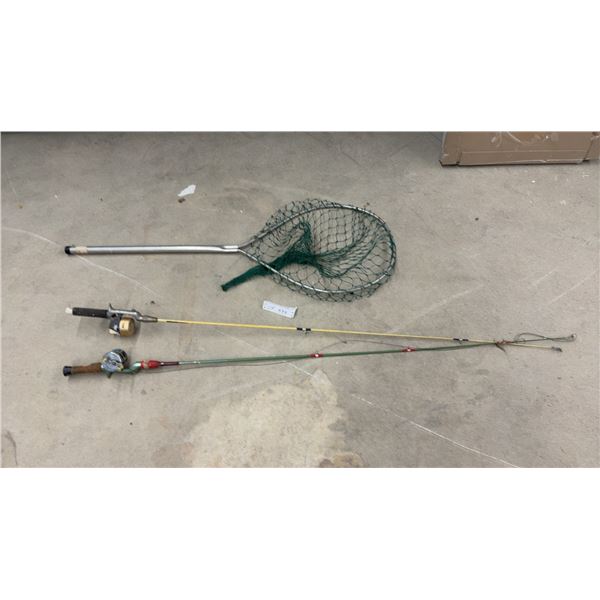 Fishing Landing Net, Crown Planet No. 11 Spinning Reel Rod, and Bronson Royal Baitcasting Reel Rod