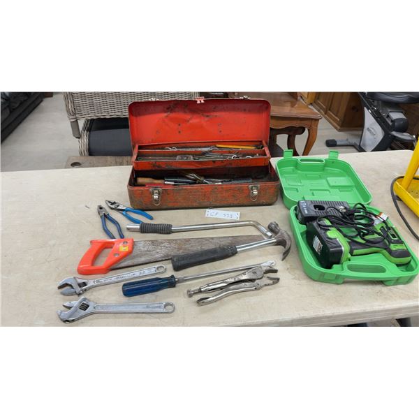 Metal Toolbox with Assorted Hand Tools, Kawasaki 18V Cordless Impact Driver, and More