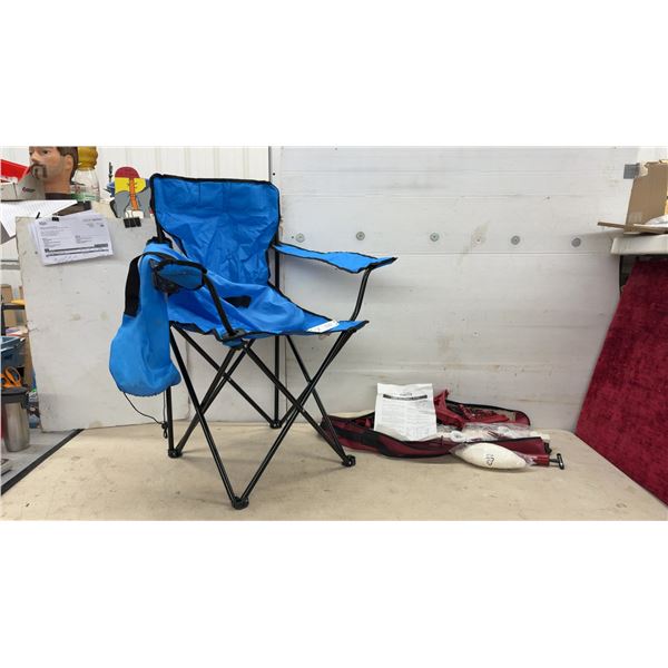 Halex Lawn Volleyball Set with Net, Poles, Ball, Pump, and Blue Folding Chair