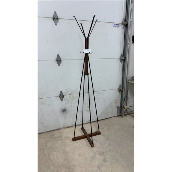 Mid-Century Modern Style Freestanding Coat Rack with Wood X-Base and Metal Hooks