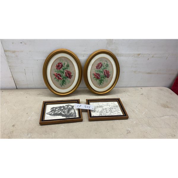 Pair of Cross-Stitch Red Poppy Needlework in Oval Gold Frames, 11 x 9" & Framed Pencil Sketch