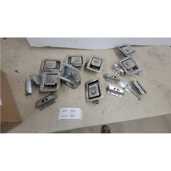 Assorted Recessed Paddle Latches, T-Handle Latch, Hinges, and Keeper Plates