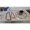 Image 1 : Two Red Bow Saws and Green Metal Christmas Tree Stand with Adjustable Thumbscrews