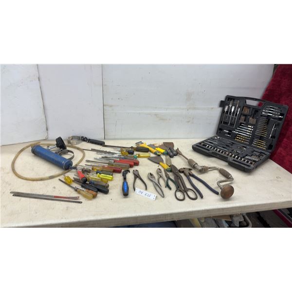 Drill and Driver Bit Set, Grease Gun, Screwdrivers, Pliers, Manual Hand Drill, Scrapers and More