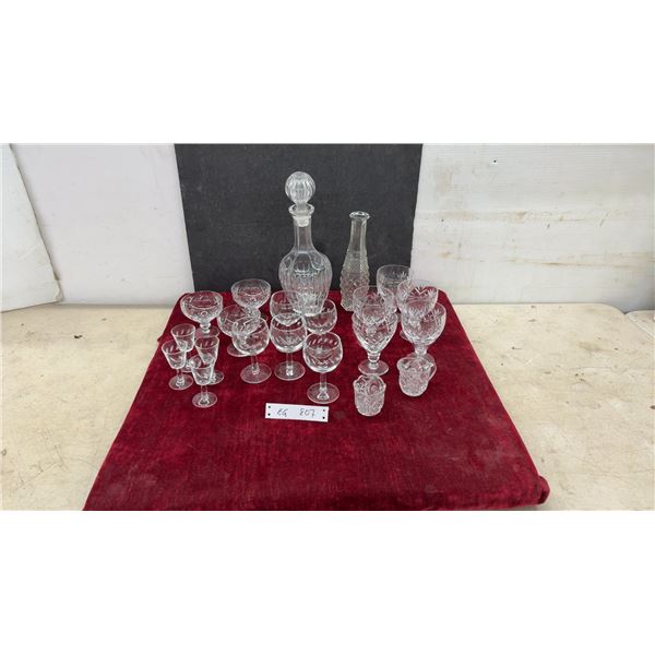Cut Glass Decanter with Stopper, Coupe Glasses, Stemware, Hobnail Style Vase, and More