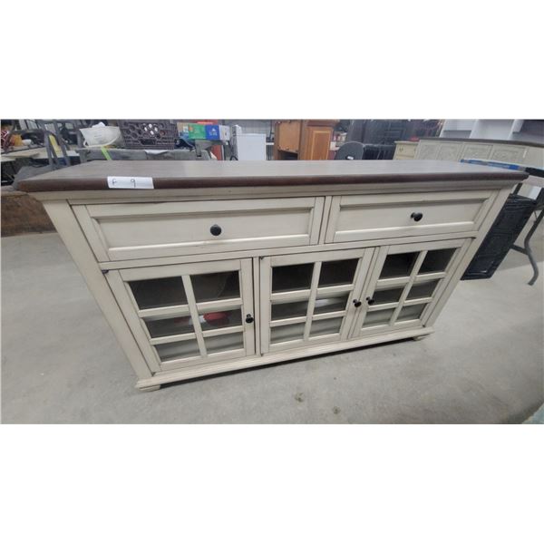 Off-White Console Cabinet with Dark Wood Top, Glass-Paned Doors, and Drawers 33 x 55 x 15"