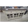 Image 1 : Off-White Console Cabinet with Dark Wood Top, Glass-Paned Doors, and Drawers 33 x 55 x 15"