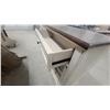 Image 6 : Off-White Console Cabinet with Dark Wood Top, Glass-Paned Doors, and Drawers 33 x 55 x 15"