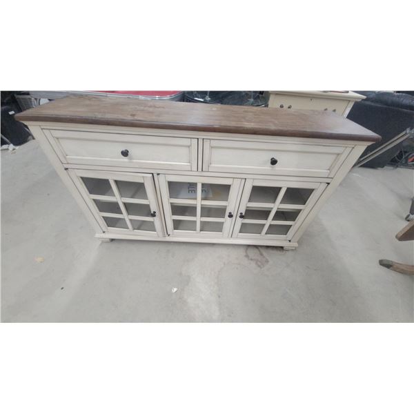 Off-White Display Cabinet with Glass-Paned Doors and Dark Wood Top Ikea 56 x 15 x 33"
