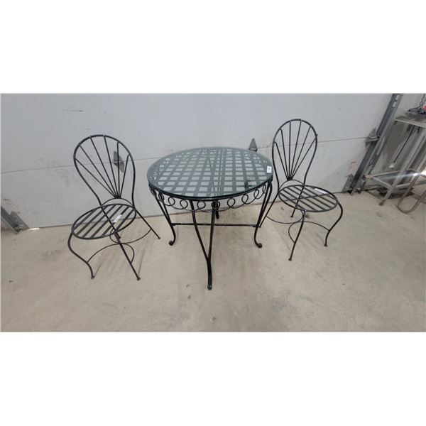 Black Metal Patio Bistro Set with Glass-Top Table and Two Fan-Back Chairs