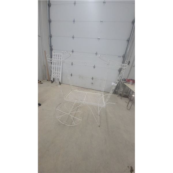 White Wrought Iron Decorative Planter Cart with Spoked Wheels and Scrollwork