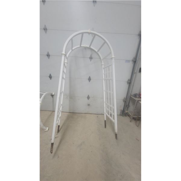 White Metal Garden Arbor with Arched Top and Lattice Side Panels