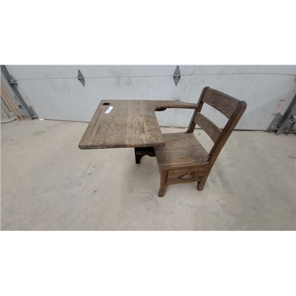 Antique Oak Single-Person School Desk with Attached Seat and Inkwell Hole
