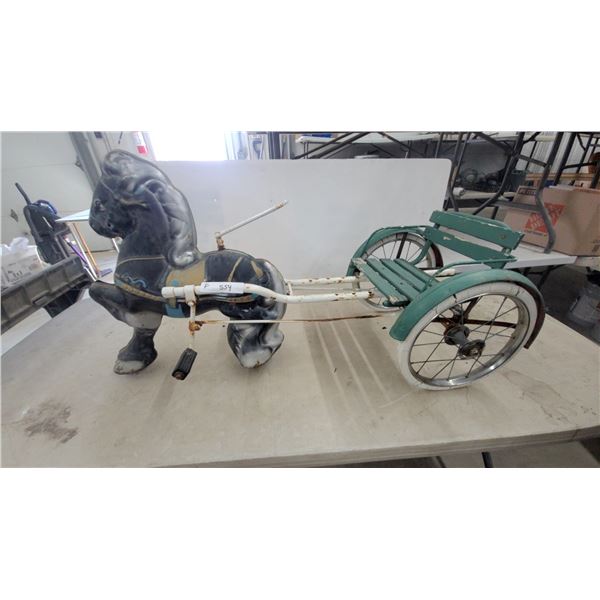 Vintage Children's Pedal Horse Tricycle with Green Wooden Loose Seat, Circa 1940s-1960s