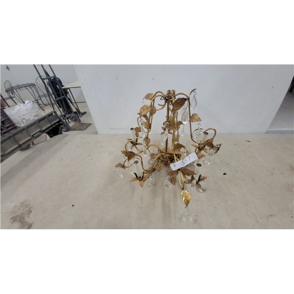 Gilded Metal Foliate Chandelier with Crystal Drops and Candle-Style Sockets