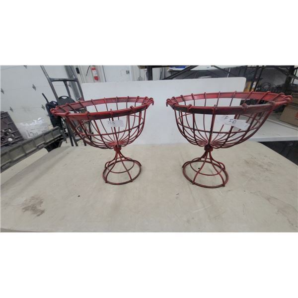 Pair of Red Metal Wire Pedestal Planters 17.6" Hgt..17.6" Diameter