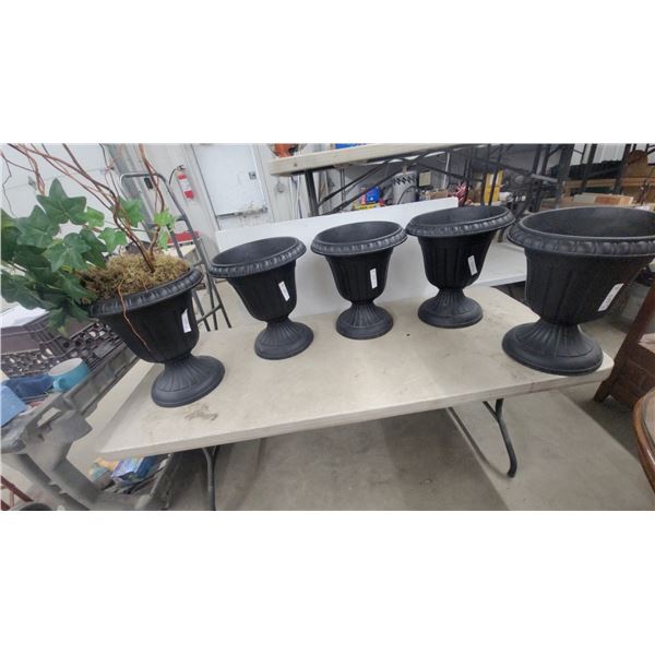 Set of Six Black Fluted Pedestal Planters with Ribbed Rim 18" Hgt. 16" Diameter