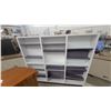 Image 1 : White and Gray Wood Grain Multi-Section Bookcase with Adjustable Shelves 62 x 72 x 7.6"