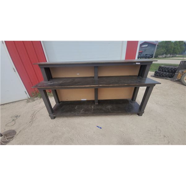Dark Brown Multi-Tiered Wooden Display Counter with Raised Top Shelf and Lower Shelf 51 x 97 x 24"