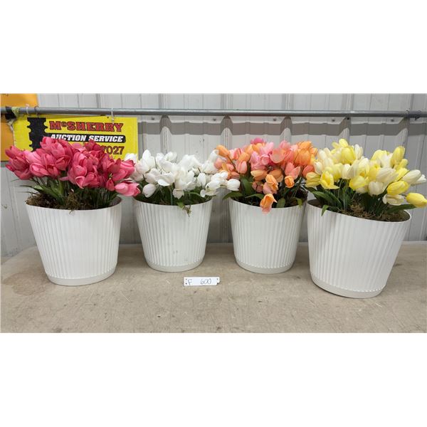 Set of Four Artificial Tulip Arrangements in White Ribbed Pots, Pink, White, Peach, Yellow
