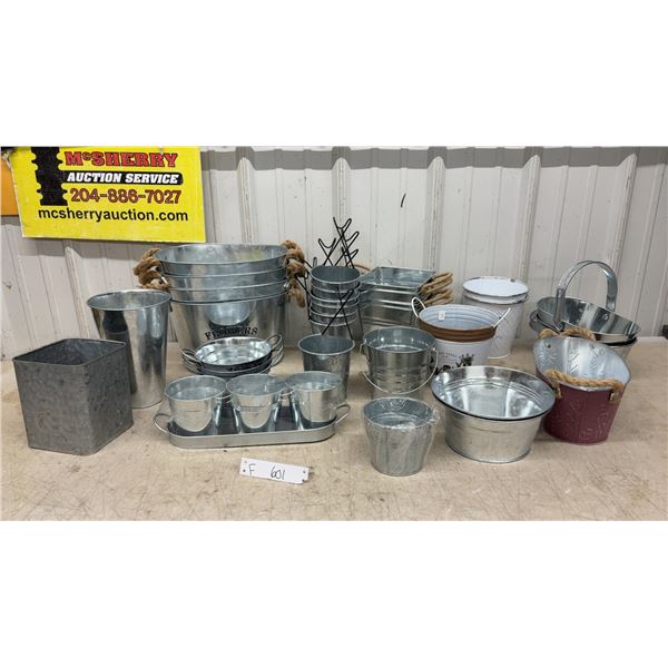 Assorted Galvanized Metal Bucket Planters with Rope Handles and More