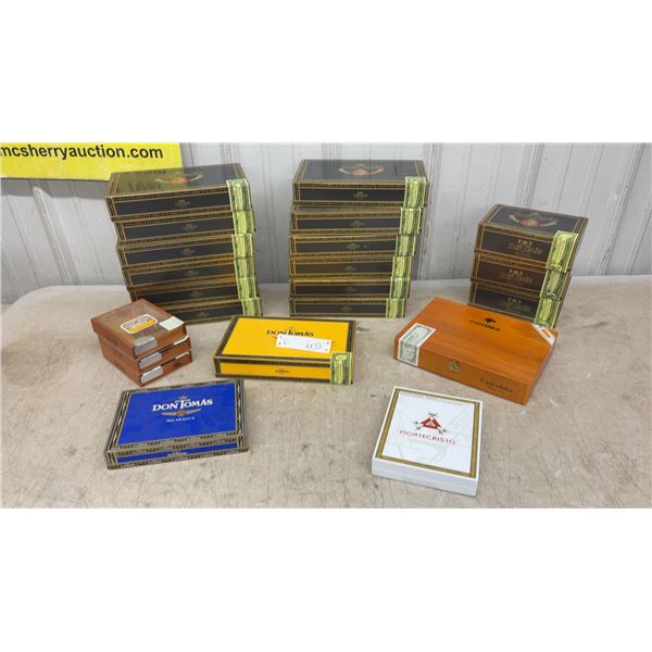 Collection of Empty Cigar Boxes, Don Tomás Maduro, Cohiba, Montecristo, and More