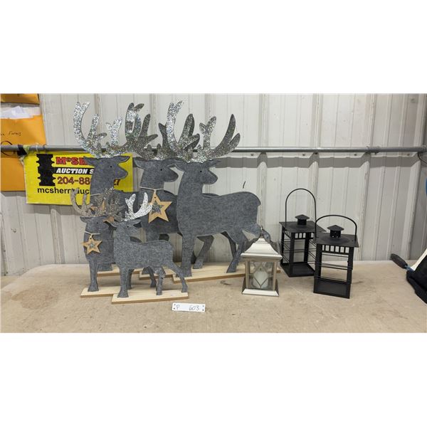 Grey Felt Reindeer Decorations on Wooden Bases with Glitter Antlers ( 26 3/4" - Large, 15.5" -Small