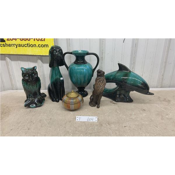 Blue Mountain Style Pottery Owl, Dog, Dolphin, Amphora Vase, Decorative Candle Holder