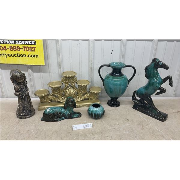 Blue Mountain Style Pottery Vase, Horse,Dog Figurines, Candle Holder, & Young Girl Figurine