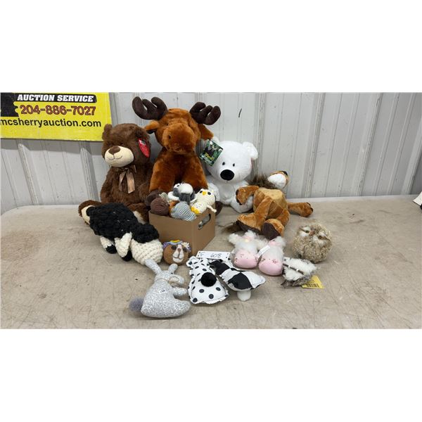 Assorted Plush Animals Including Moose, Bears, Lion, Knitted Sheep, Owls, and More