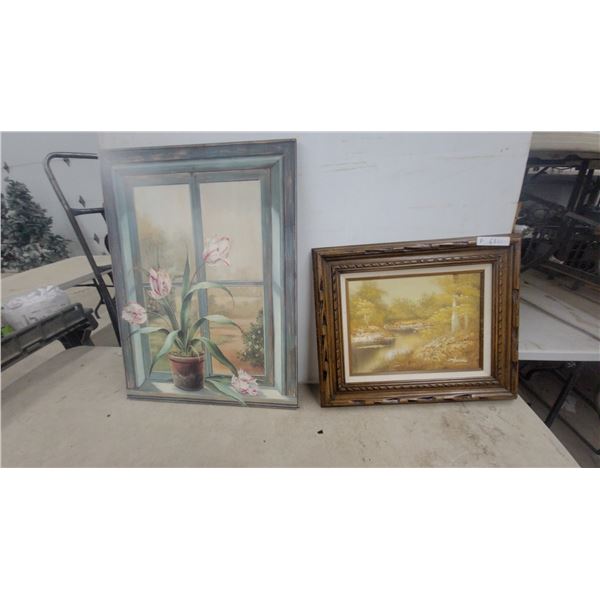 Framed Tulip Windowsill Painting and Framed Landscape Painting Biggest One 23 x 21"