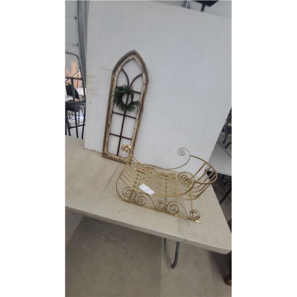 Gold Metal Decorative Sleigh Basket with Scrollwork and Arched Window Frame with Wreath Decore
