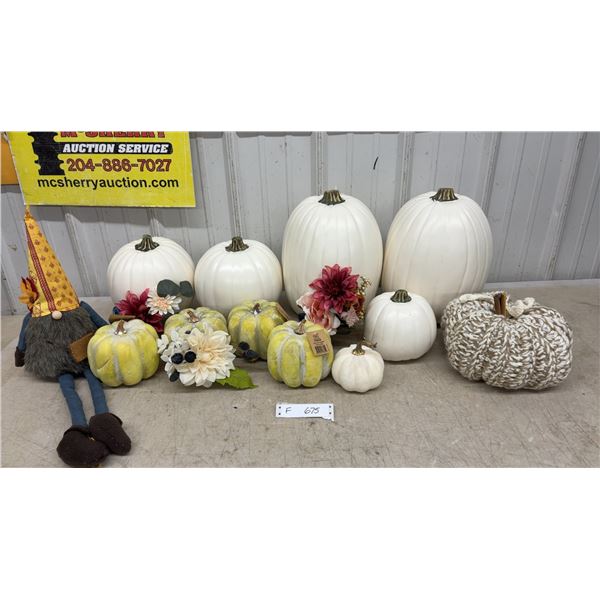 Decorative Faux Pumpkins, Autumn Gnome, and Artificial Floral Arrangements