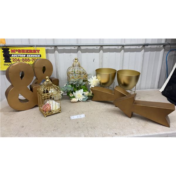 Gold Décor Lot: Ampersand Sculptures, Birdcages, Metal Planters, Arrow, and More